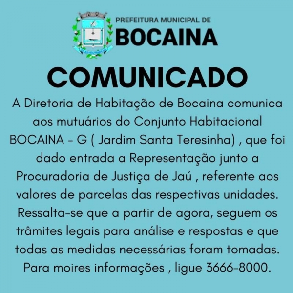 Comunicado da Diretoria de Habitação de Bocaina